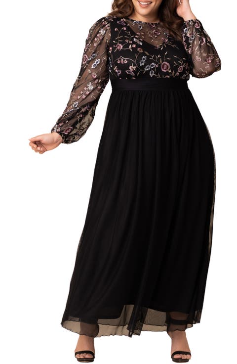 Floral Embroidered Long Sleeve Empire Waist Mesh Gown (Plus)