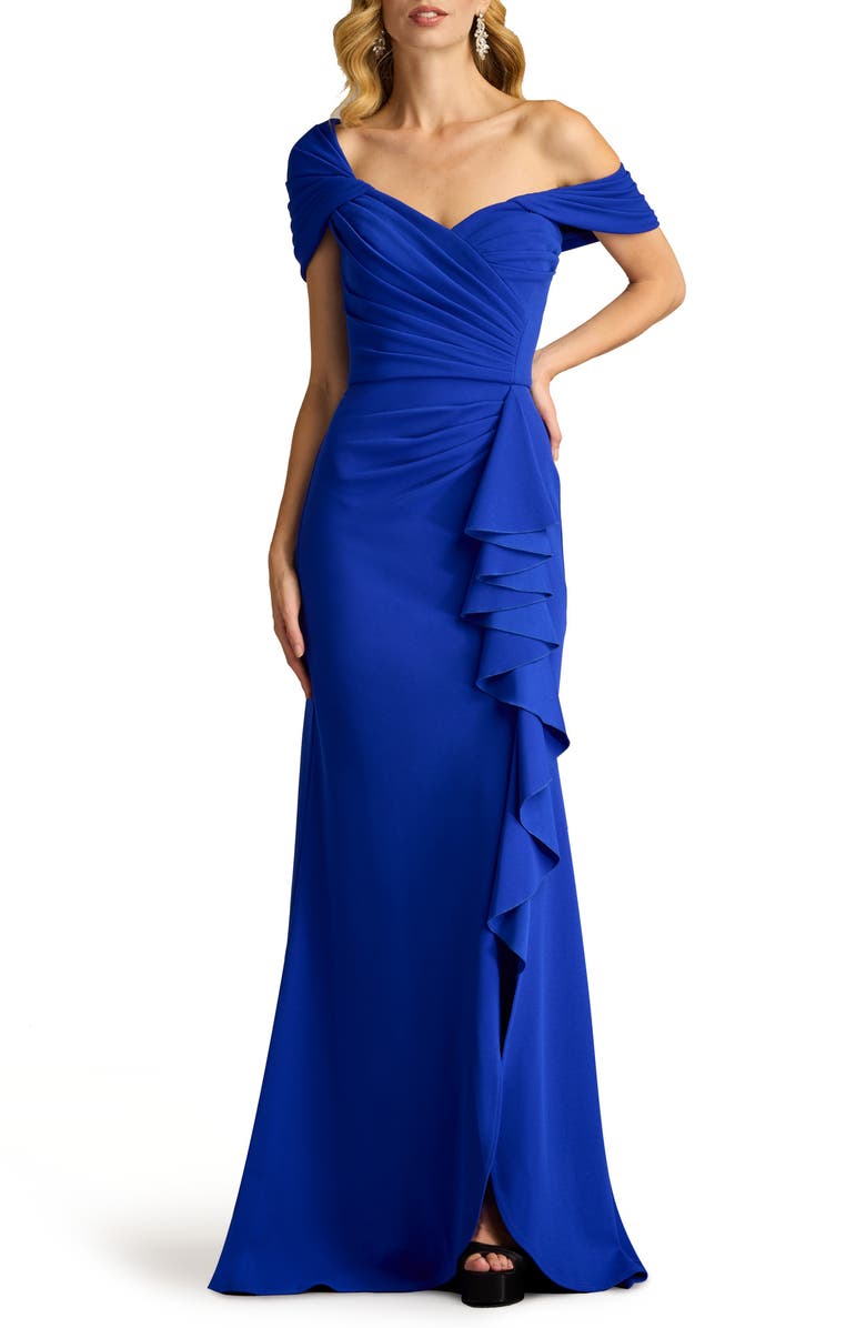 Tadashi Shoji Pleated One Shoulder Crepe Gown, Main, color, Mystic Blue