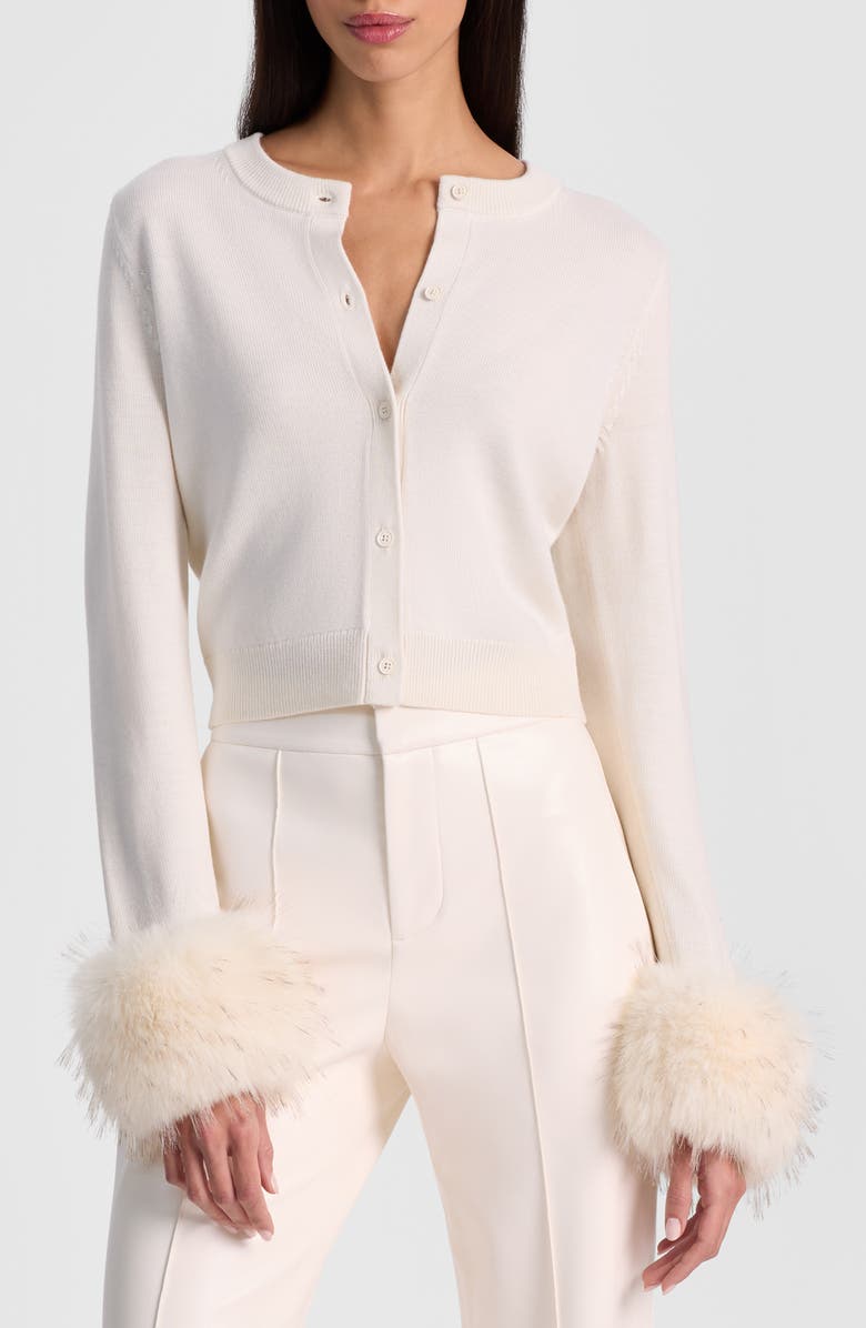 Alice + Olivia Dollie Faux Fur Cuff Wool Cardigan, Main, color, Soft White