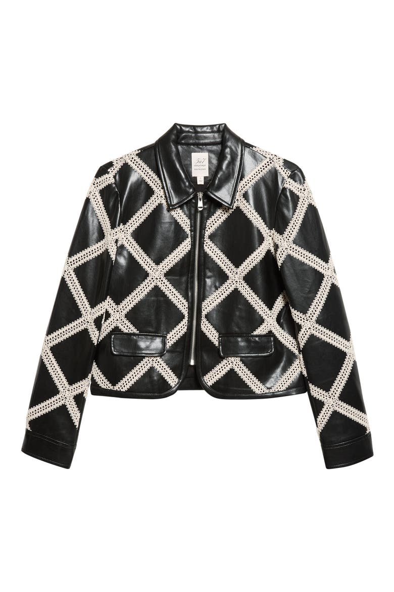 Audree Faux Leather Jacket with Crochet Overlay, Alternate, color, BLACK/ GARDENIA
