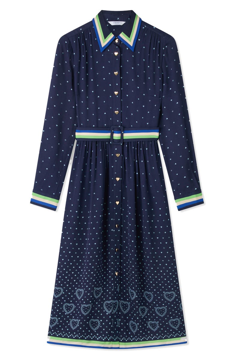 LK Bennett Kate Heart Print Long Sleeve Belted Midi Shirtdress, Alternate, color, Navy Multi