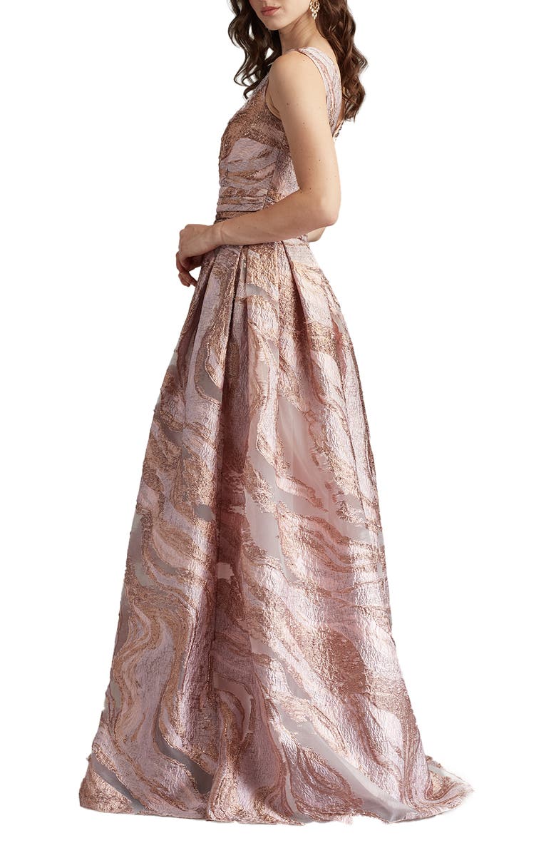 Tadashi Shoji Metallic Textured Abstract Print Gown, Alternate, color, Pebble