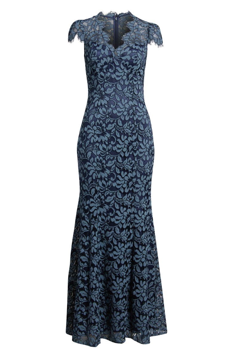 Eliza J Illusion Yoke Lace Trumpet Gown, Alternate, color, Denim