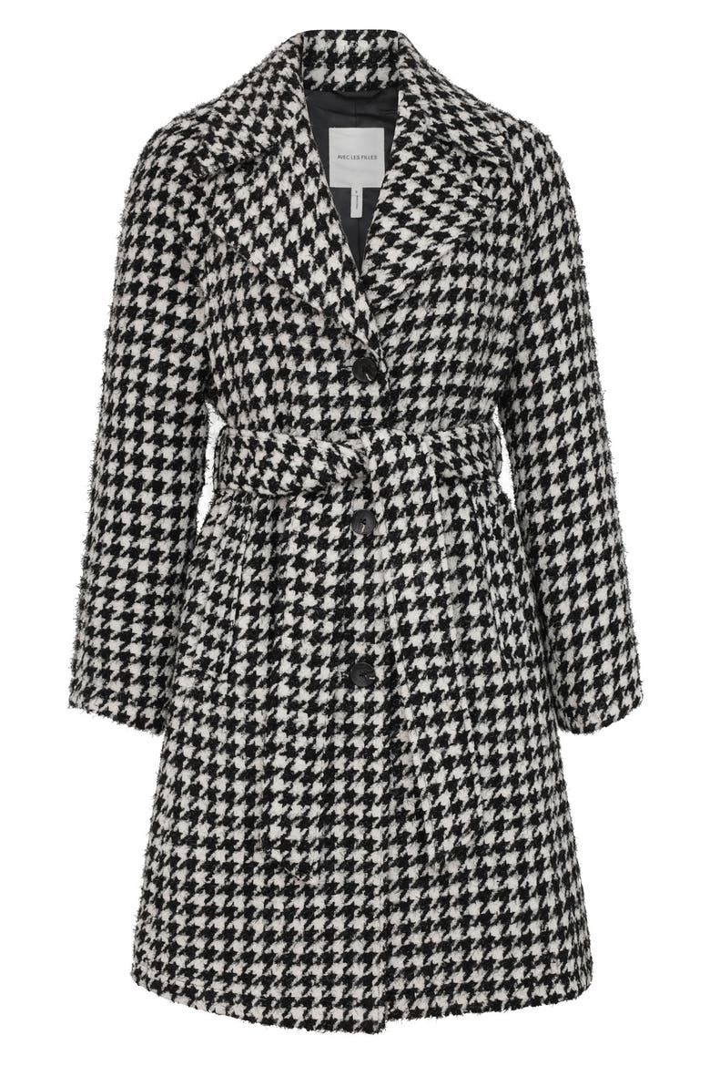 Belted Houndstooth Raglan Sleeve Coat, Alternate, color, BLACK/ WHITE HOUNDSTOOTH