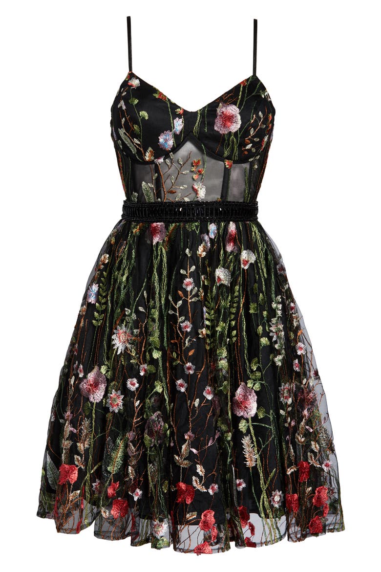 Embroidered Fit & Flare Cocktail Dress, Alternate, color, BLACK/MULTI