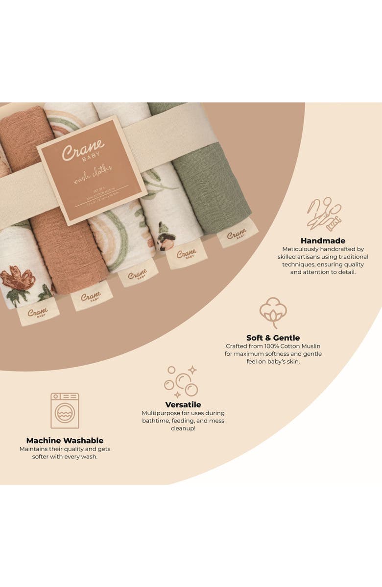 CRANE BABY Parker 5-Pack Assorted Cotton Muslin Washcloths, Alternate, color, Beige