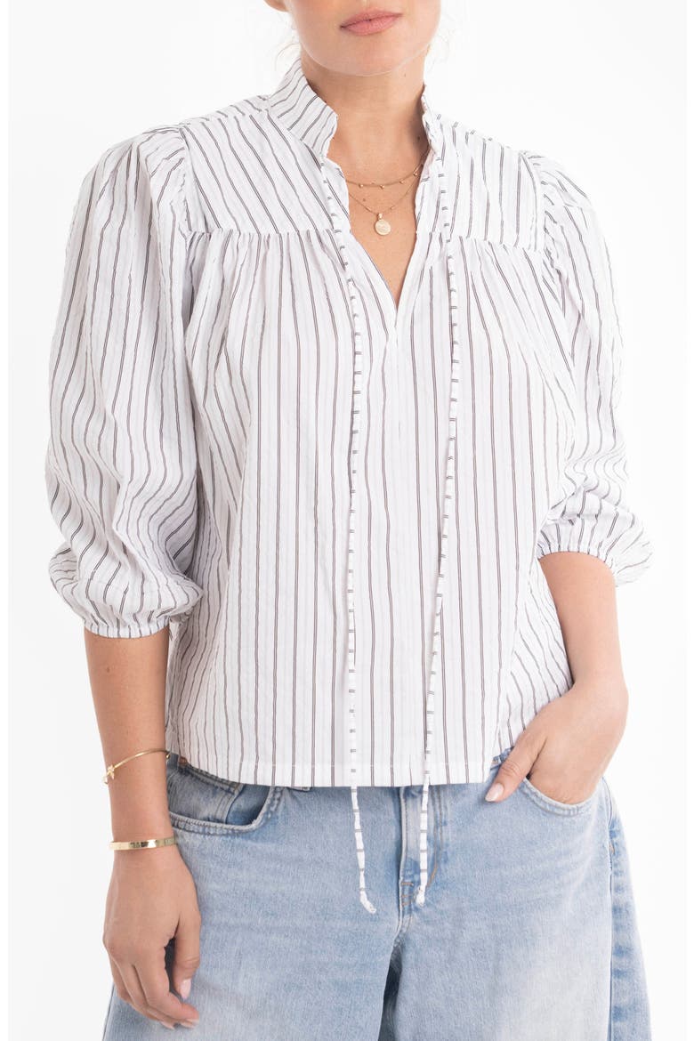 Mini Stripe Cotton Tie Neck 3/4 Sleeve Top, Main, color, Black and White Mini Stripe