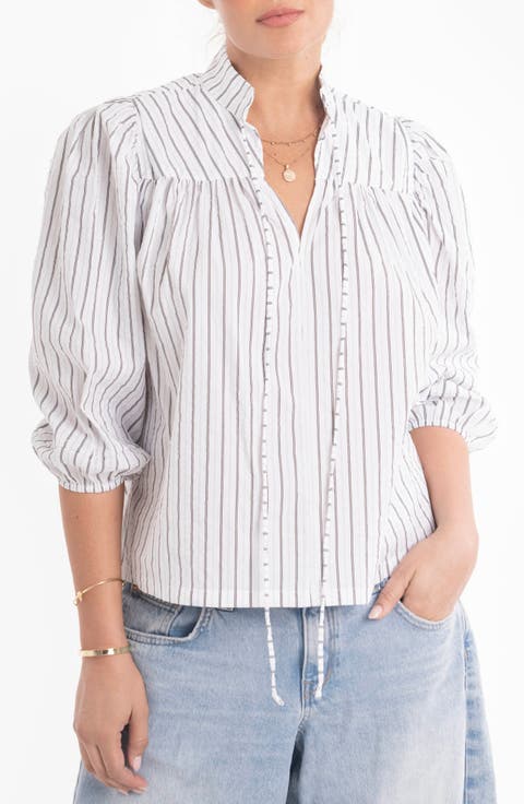 Mini Stripe Cotton Tie Neck 3/4 Sleeve Top