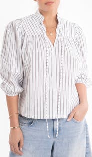 ocean+main Mini Stripe Cotton Tie Neck 3/4 Sleeve Top