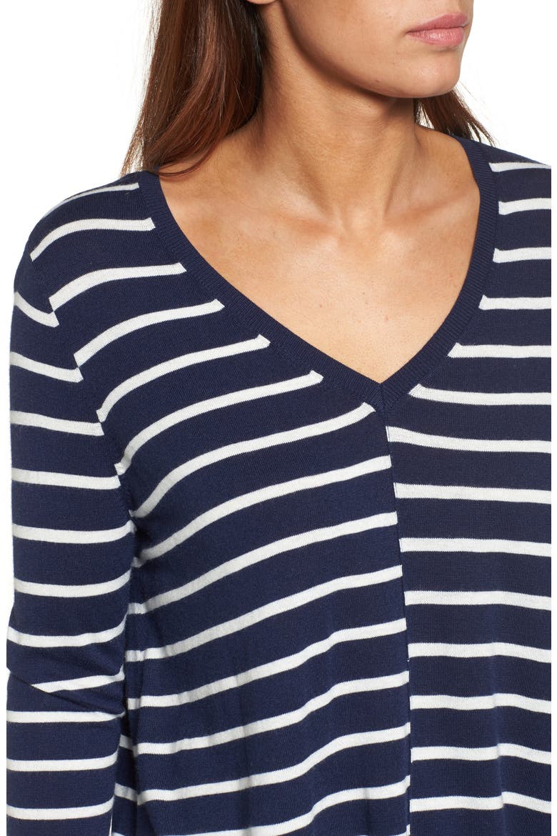 High-Low V-Neck Sweater, Alternate, color, NAVY- IVORY STRIPE