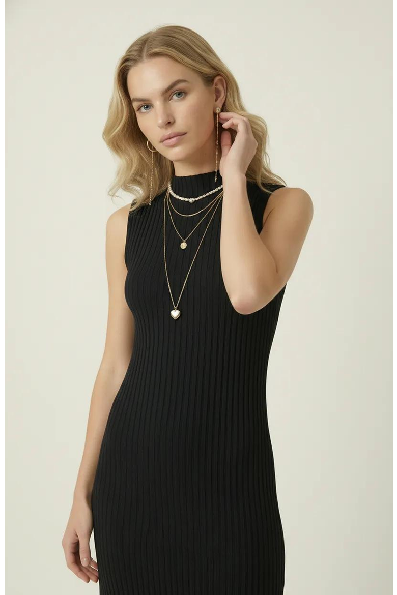 Sleeveless Ribbed Knit Midi Dress with Side Slit and High Neckline, Alternate, color, Black