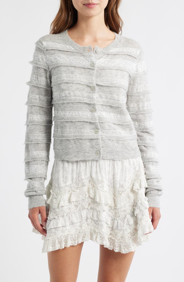 LoveShackFancy Claralise Lace Accent Cardigan, Alternate, color, Pale Grey Melange