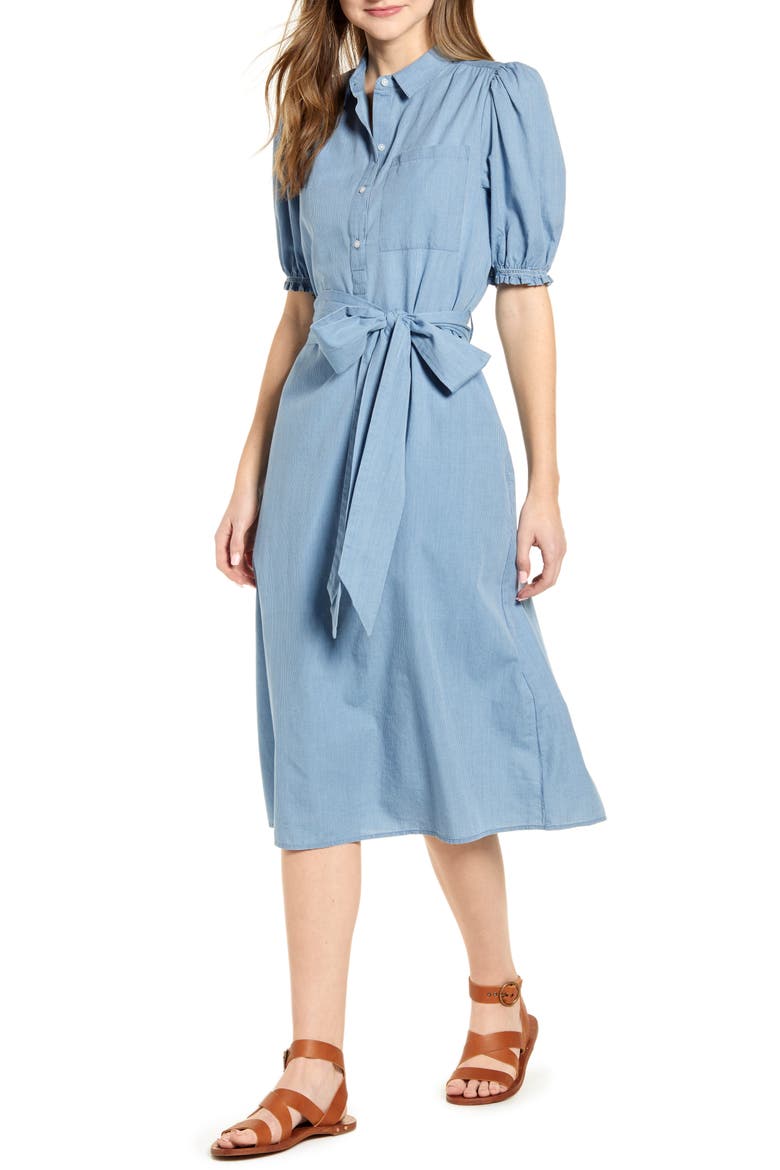 Camille Engineer Stripe Shirtdress, Main, color, LIGHT WASH