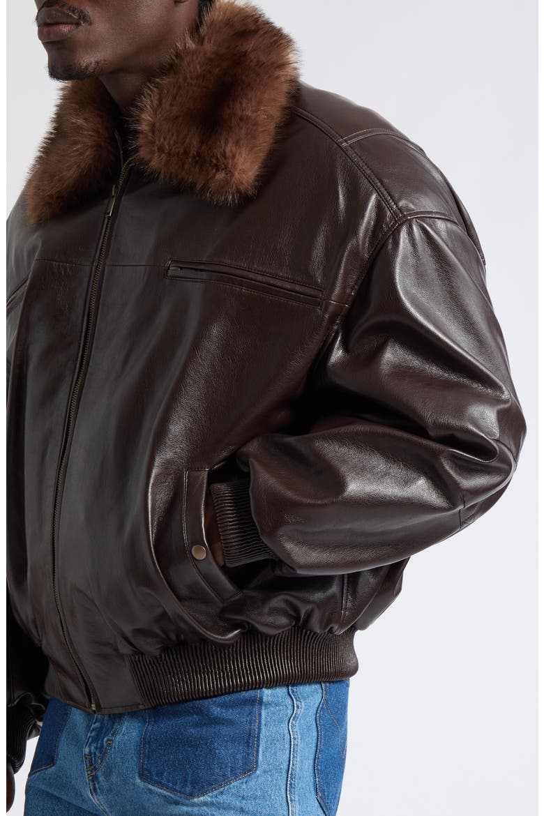 Faux Leather Cargo Flight Jacket With Faux Fur Collar, Alternate, color, GREASE