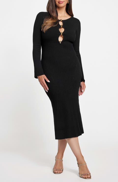 Agathe Cutout Detail Long Sleeve Rib Midi Dress