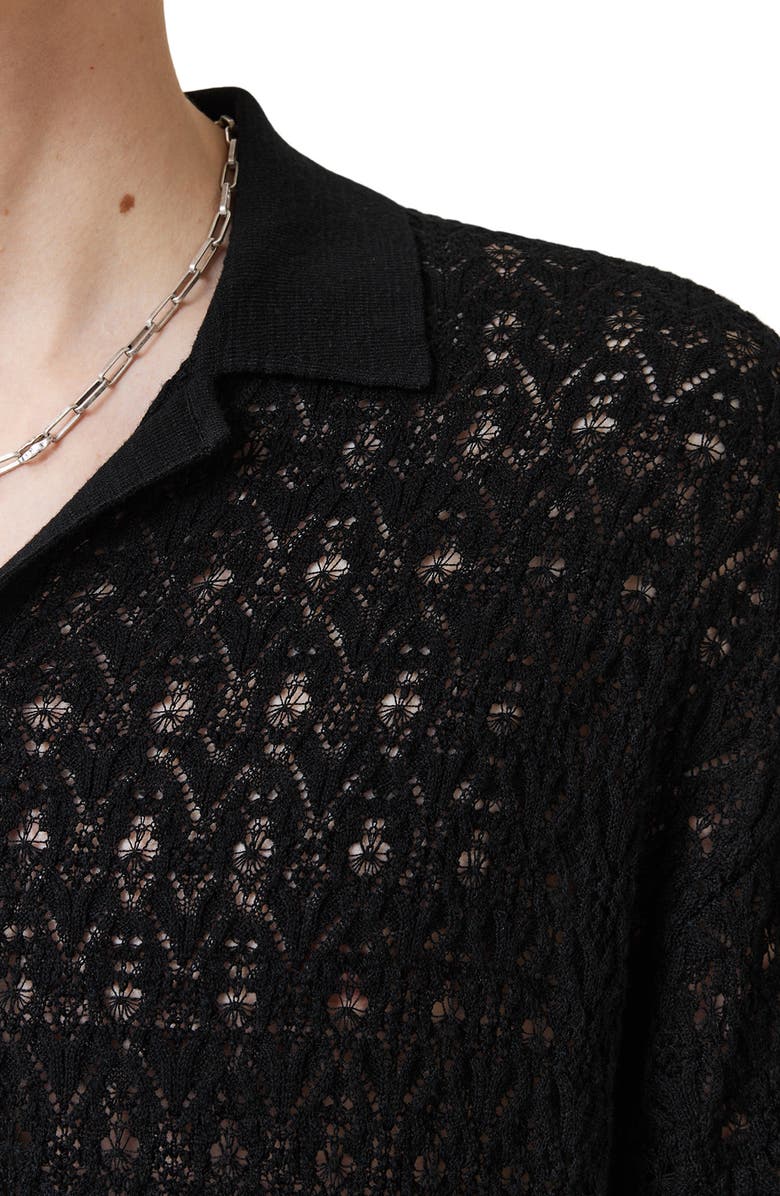 AllSaints Loire Open Stitch Cotton & Linen Button-Up Polo Sweater, Alternate, color, Black