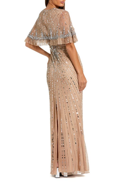 Mac Duggal Fitted Beaded Mesh Gown With Capelet In Pink