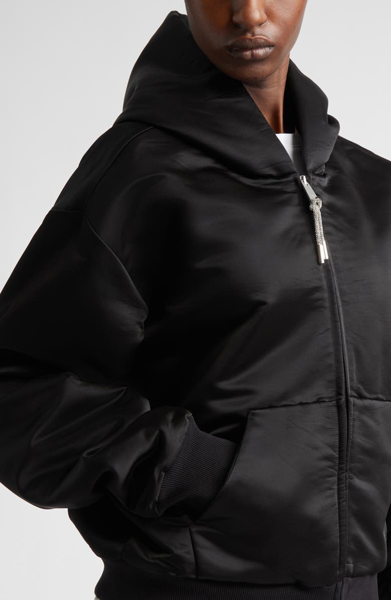 Area Crystal Knot Satin Full Zip Hoodie, Alternate, color, Black