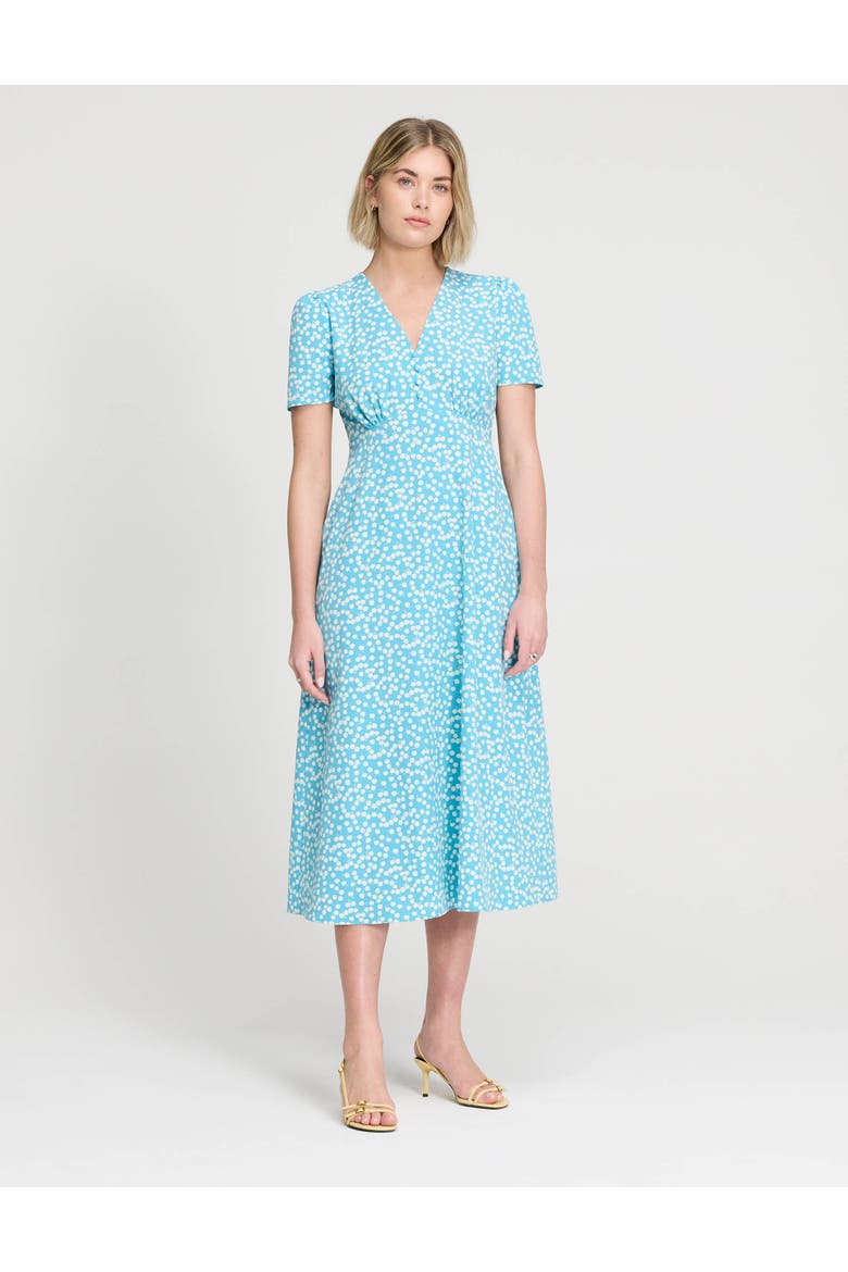 Nieve V-Neck Short Sleeve Midi Dress, Alternate, color, Blue Cherry Spot