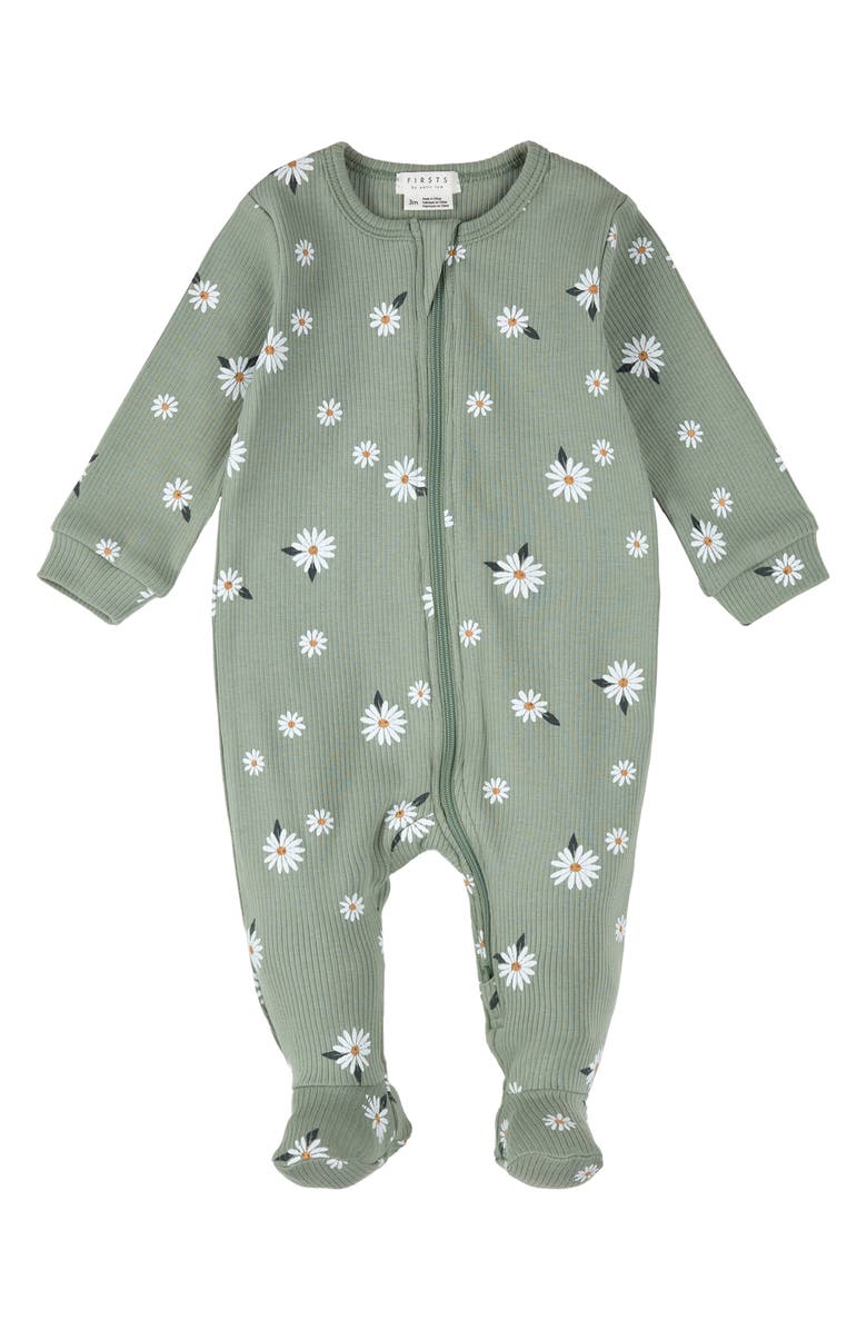 FIRSTS by Petit Lem Daisy Print Footed Stretch Cotton One-Piece Pajamas, Main, color, Green