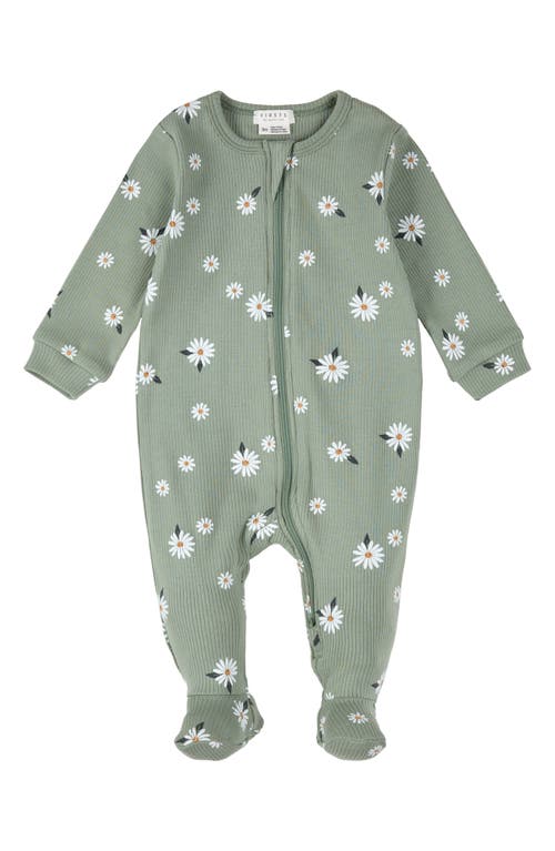 Firsts By Petit Lem Daisy Print Footed Stretch Cotton One-piece Pajamas In Green