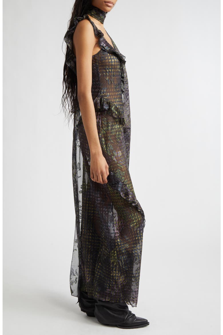 Monica Tiered Ruffle Chiffon Maxi Dress with Detachable Scarf Tie, Alternate, color, BLACK MULTI