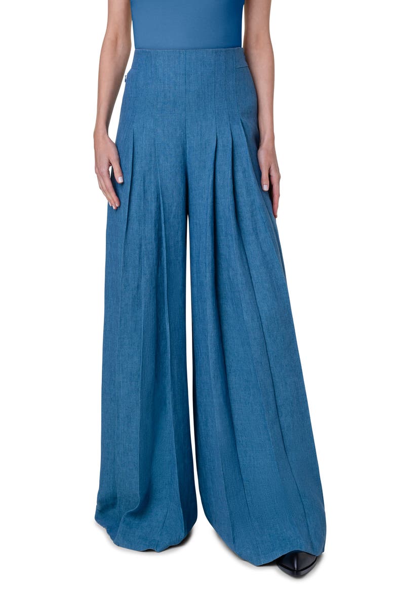 Miyuki Wide Leg Pleated Linen Gabardine Pants, Main, color, MEDIUM DENIM