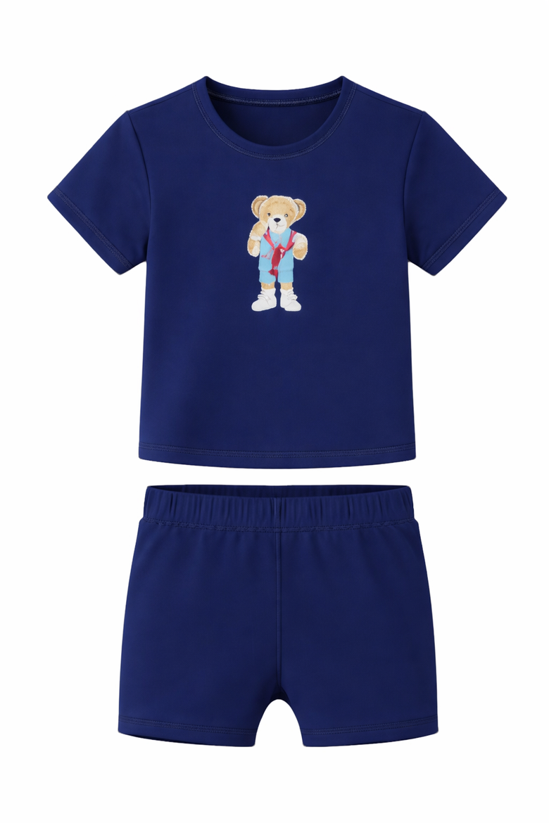 Baby Boy Two-Piece Navy Swimsuit with Bear Print, Main, color, Navy Blue