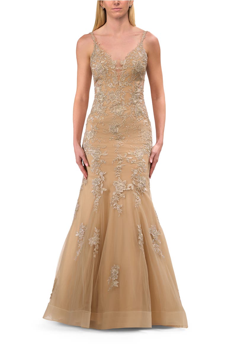 Mermaid Prom Gown with Illusion Sides and Lace Applique, Main, color, Light Gold