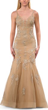 La Femme Mermaid Prom Gown with Illusion Sides and Lace Applique