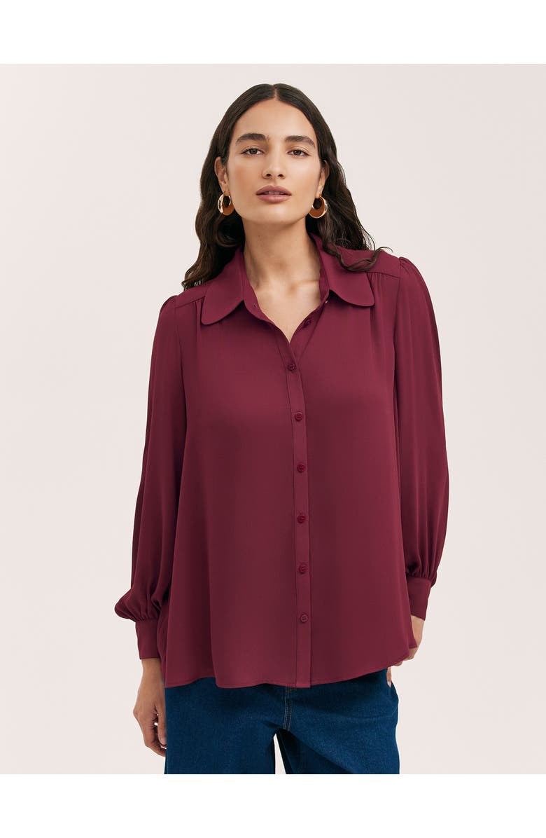 Finery London Melina Chiffon Button Down Blouse, Main, color, Burgundy