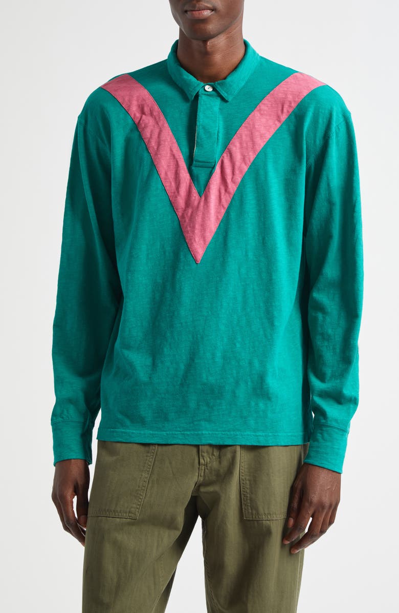 Drake's Chevron Stripe Cotton Rugby Shirt, Main, color, 402 Bottle Grn / Magenta