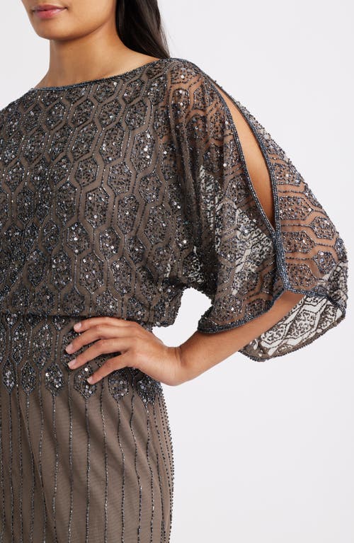 Pisarro Nights Beaded Blouson Split Sleeve Gown In Silver