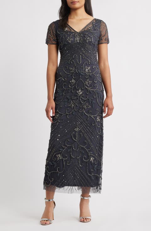 Beaded Mesh Column Gown (Regular & Plus)