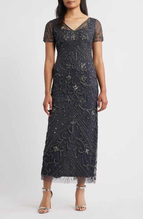 Pisarro Nights Beaded Mesh Column Gown