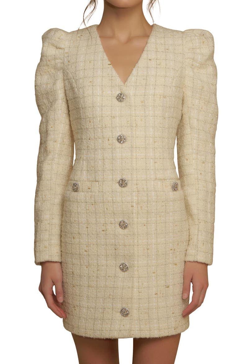 Premium Long Sleeve Tweed Mini Dress, Alternate, color, IVORY