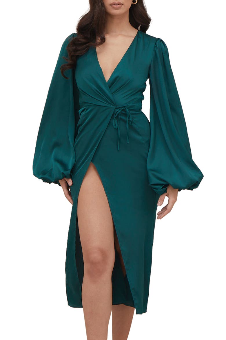Shiloh Long Sleeve Satin Wrap Dress, Alternate, color, EMERALD GREEN