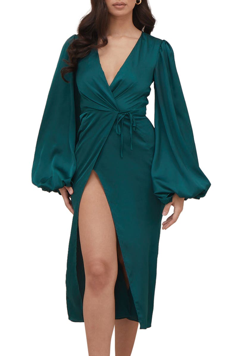 HOUSE OF CB Shiloh Long Sleeve Satin Wrap Dress, Alternate, color,