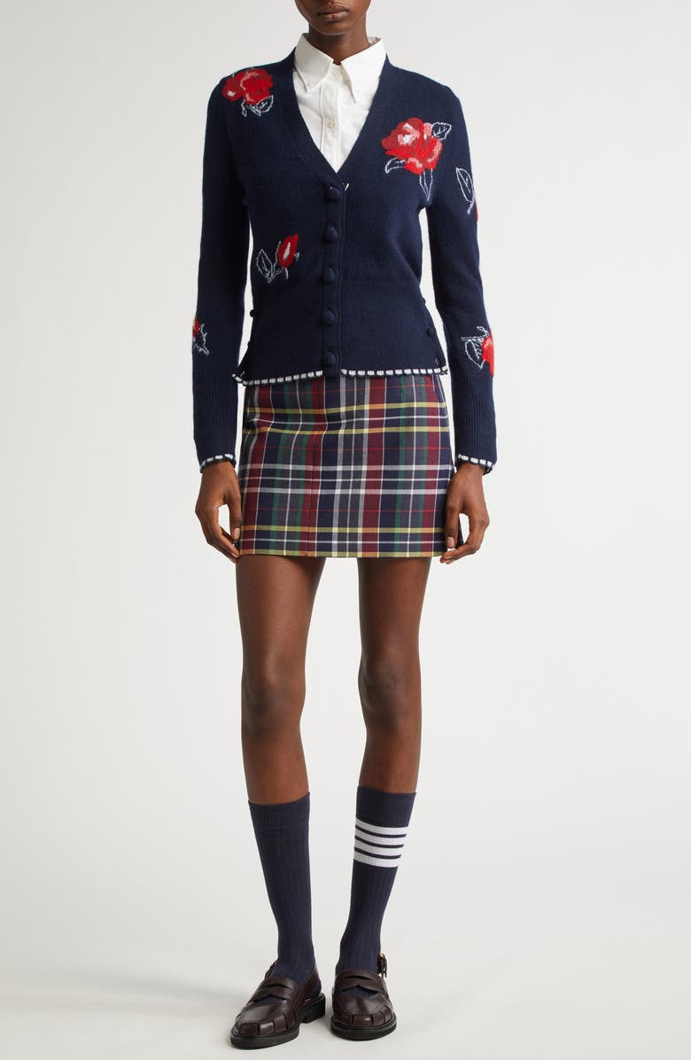 Thom Browne Rose Intarsia Brushed Virgin Wool V-Neck Cardigan, Alternate, color, 