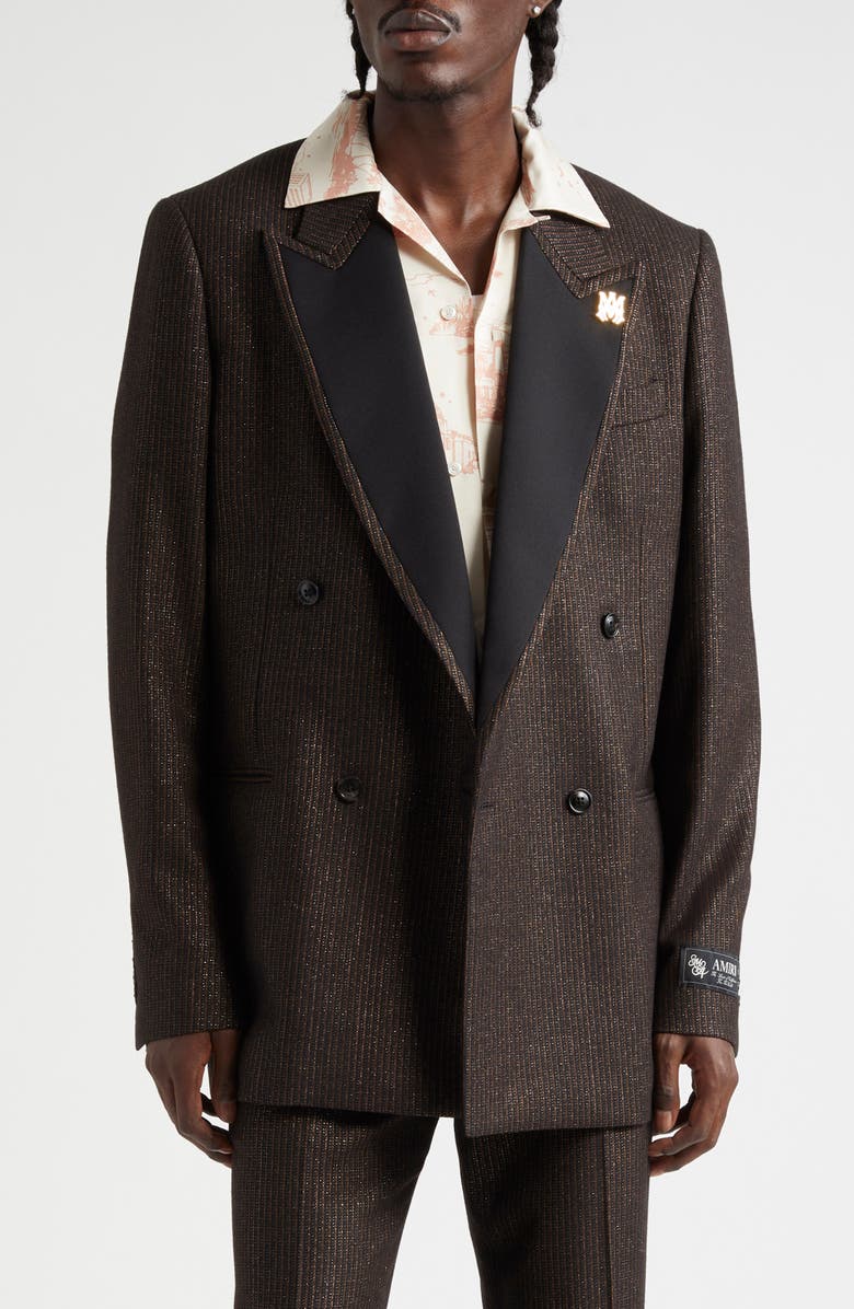AMIRI Lurex Stripe Double Breasted Blazer, Main, color, Dark Brown