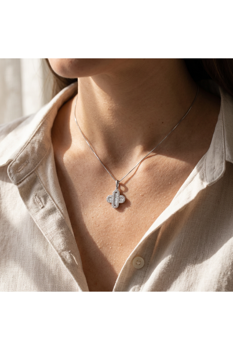 Alina 0.7 Cts 14K Gold Baguette & Round Cut Diamond Clover Pendant with Optional Chain, Alternate, color, White Gold No Chain
