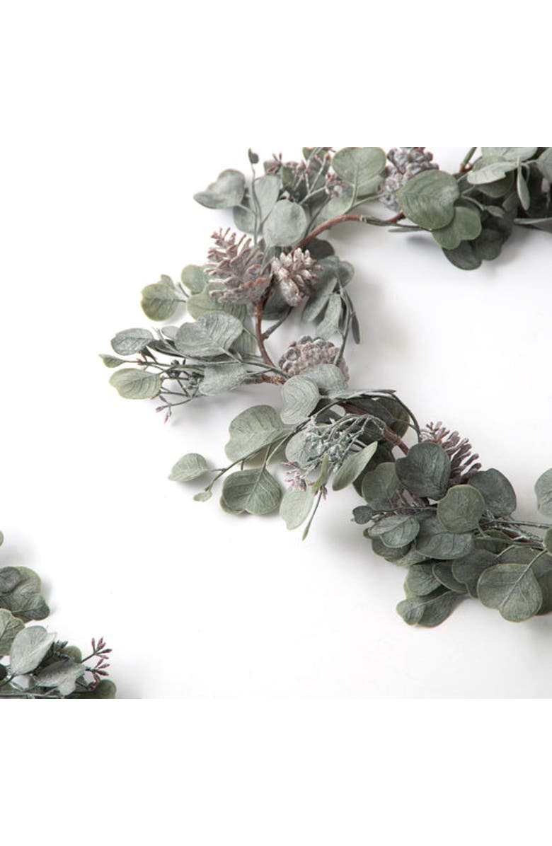 Darby Creek Trading Candlelit Evenings - Faux Dusty Green Silver Dollar Eucalyptus & Pinecone Christmas Mantel Garland, Alternate, color, Green