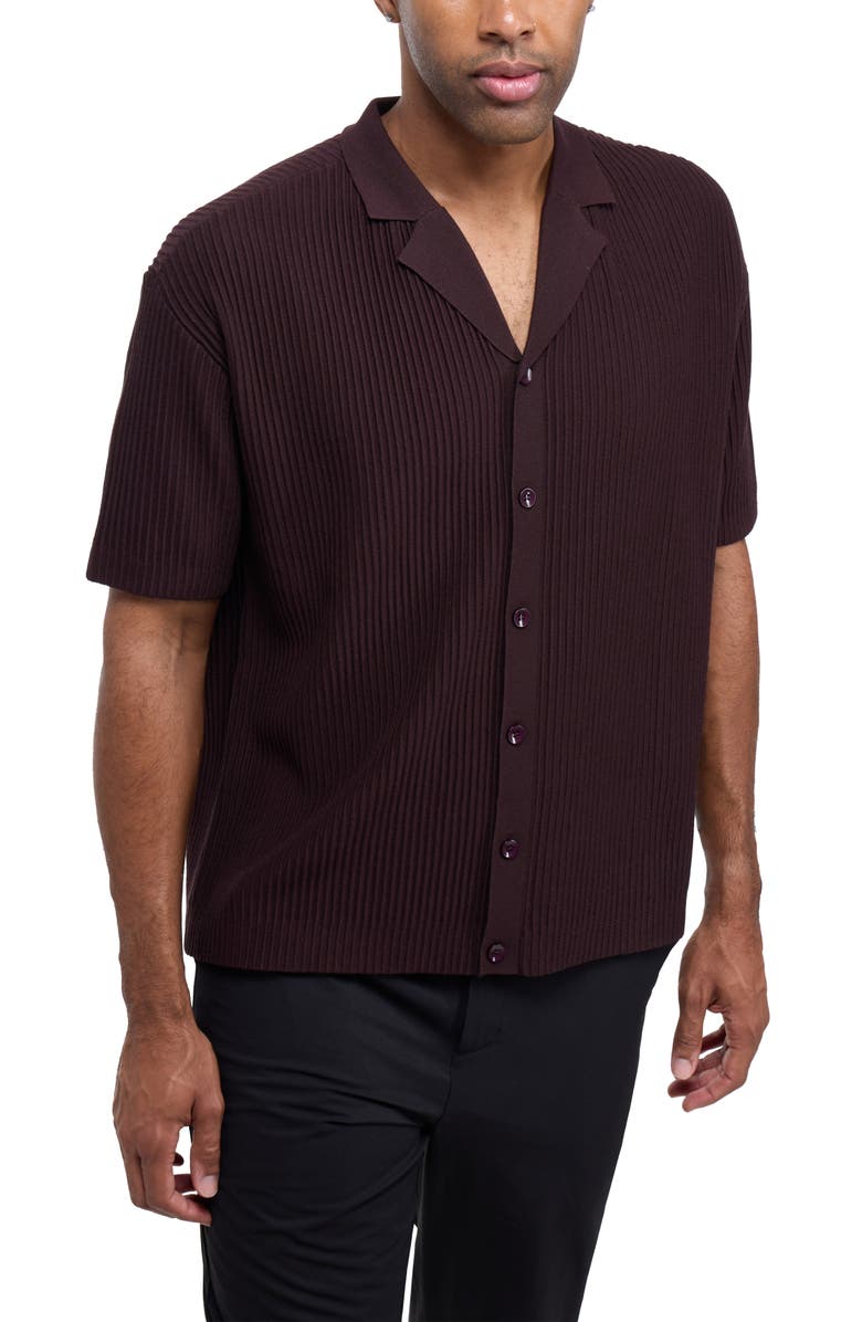 XRAY Ribbed Knit Camp Shirt, Alternate, color, Brown