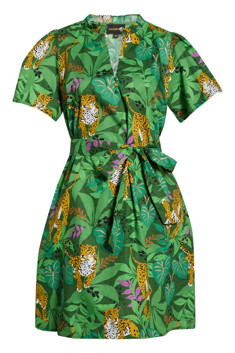 Ema Tropical Print Tie Waist Minidress, Alternate, color, GREEN-MULTI