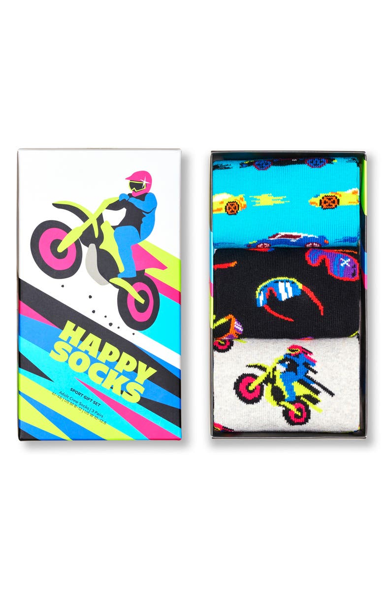 Happy Socks Assorted 3-Pack Fast Sports Cotton Blend Socks Gift Box, Alternate, color, Grey