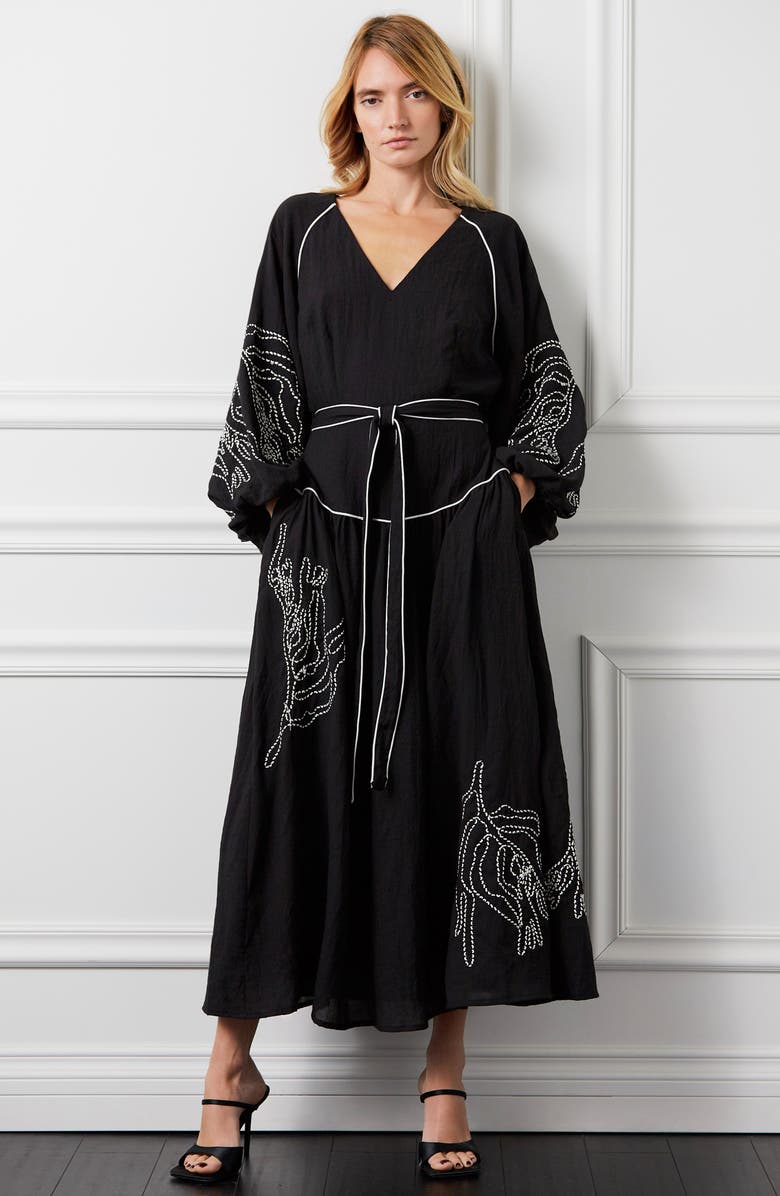 CIEBON Faye Embroidered Tie Waist Long Sleeve Maxi Dress, Alternate, color, Black
