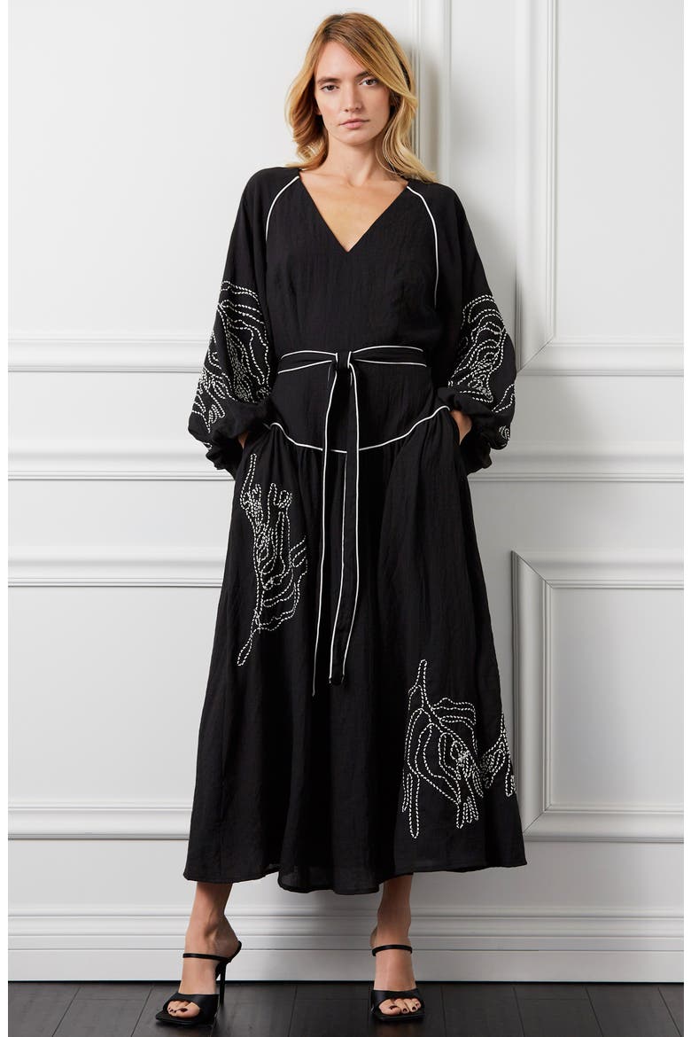 thml faye embroidered dress THML Dress Womens Small Faye BOHO Dark Blue 32" Mini Shift Embroidered Lined