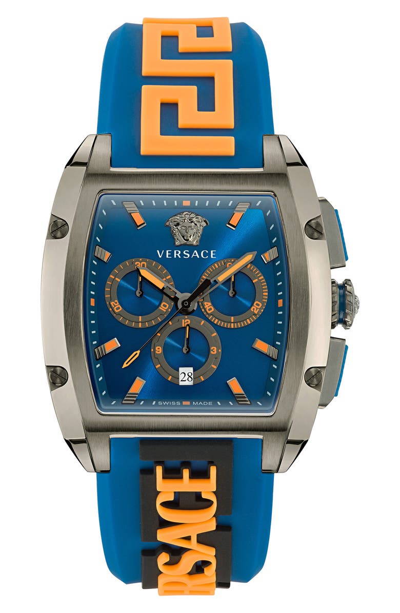 Versace Dominus Chronograph Silicone Strap Watch, 42mm, Main, color, Gun