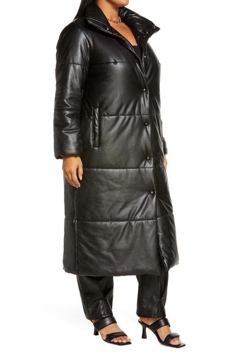 Faux Leather Maxi Puffer Coat, Alternate, color, BLACK