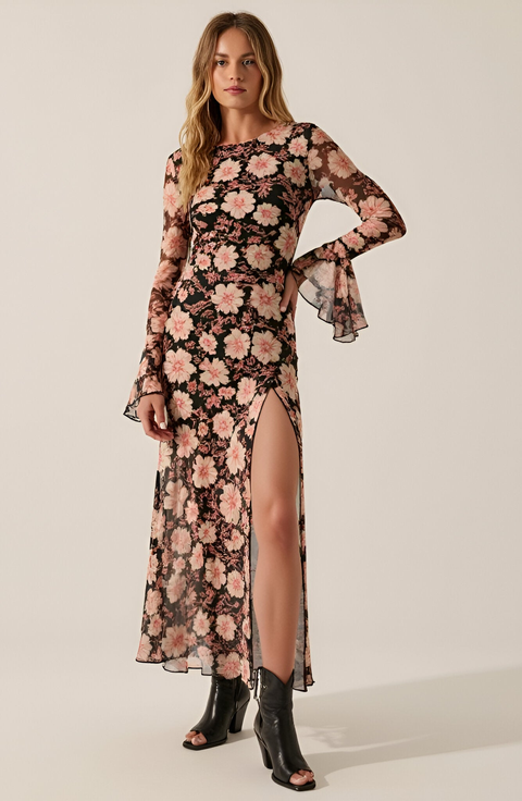 Floral Mesh Maxi Dress with Trumpet Sleeves, Drop Waist and Asymmetrical Slit Skirt